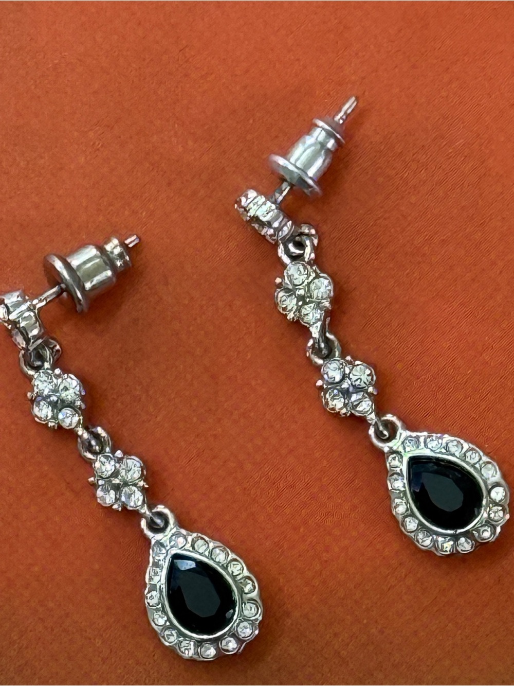Vintage.   Monet Black Teardrop Crystal Drop Earrings - Silver Tone